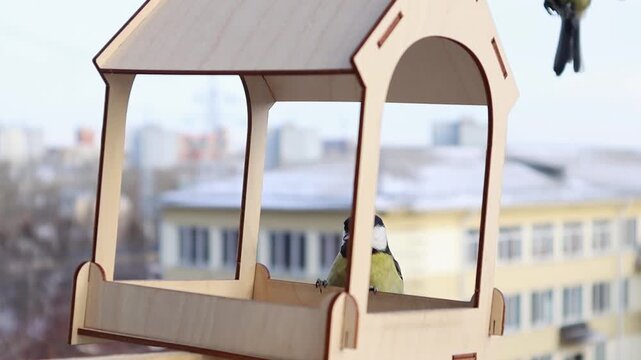 Wooden bird feeder designed with simple geometric shapes featuring two small birds perched on opposite sides. Background shows blurred multi-story buildings under winter conditions,