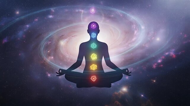 Chakra Meditation Silhouette Against a Swirling Cosmic Galaxy Background