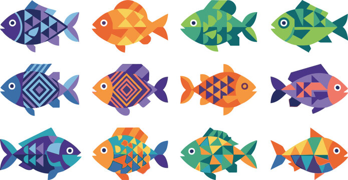 Colorful Geometric Low Poly Fish Patterns Vector Set