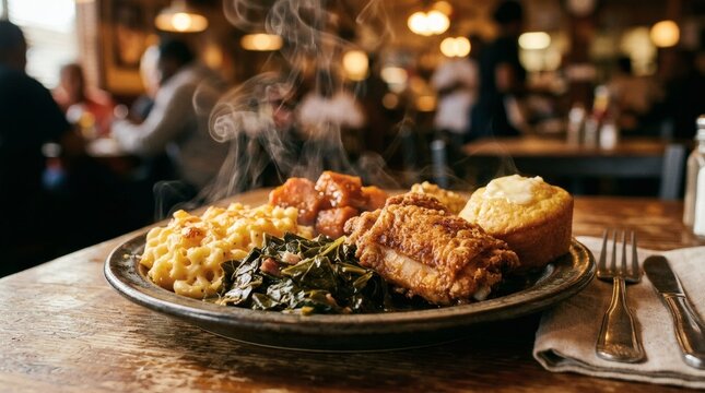 Sliced fried chicken with macaroni and cheese on wooden table in cozy restaurant setting perfect for National Soul Food Month