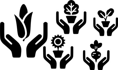 Fototapeta premium Black silhouette icon set of hands holding plants, flowers and seedlings symbolizing nature care, gardening, growth, ecology and environmental protection for green concept design