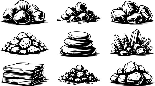 Black and white vector illustration set of rocks, stones and pebbles collection including stacked zen stones, crystal minerals, gravel pile and flat slate slabs for nature and geology design