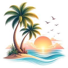Obraz premium Tropical beach sunset with palm trees and ocean waves vector illustration