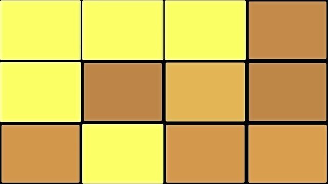 Colorful mosaic tiles transition smoothly within a grid format. Shades of yellow, gold, and brown create a visually appealing earth tone palette. Movement is fluid and rhythmic,