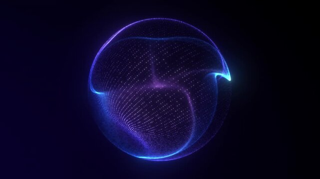 Blue energy sphere. Bright glowing rotating 3D sphere. Colorful sphere liquid smoke. Vibrant purple energy inside globe orb. Smooth sphere wavy curves inside. Transparent liquid ball blue glowing