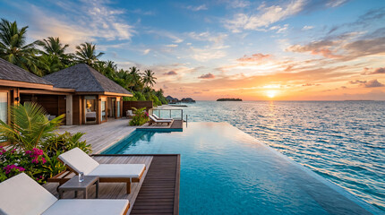 Fototapeta premium Luxury villa with infinity pool overlooking ocean at sunset 