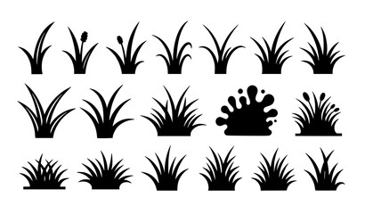 Obraz premium Grass icon vector set: black silhouette and outline blades and tufts for logos and design