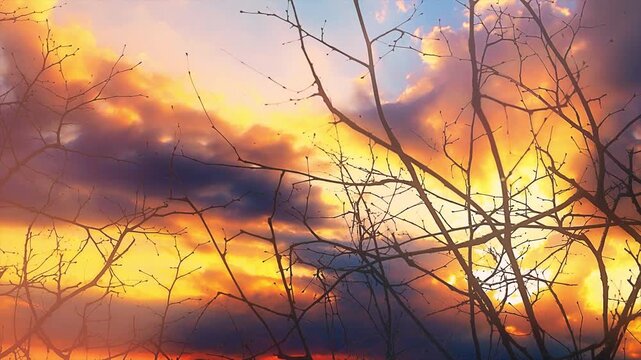 Bare tree branches against an orange sky. A frightening natural backdrop at sunset. The sky is bright orange.