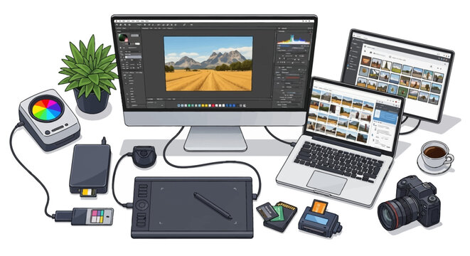 Photography equipment and devices for editing and managing digital images on isolated white background