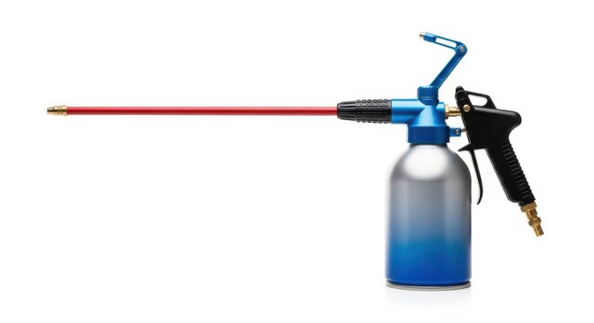 Spray gun, blue and black, with long red nozzle, cleaning tool, equipment