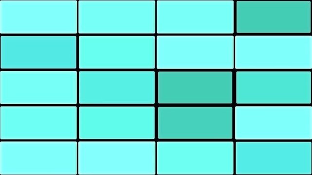 Dynamic mosaic animation featuring rectangular tiles in varying shades of turquoise and cyan. Tiles shift hues between bright cyan, light turquoise, and medium turquoise