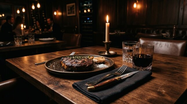 Grilled steak dinner with candles on wooden table in warm dim lighting at restaurant perfect for National Steakhouse Month 