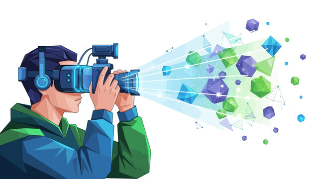 Man wearing VR headset and looking at colorful geometric shapes coming out of camera