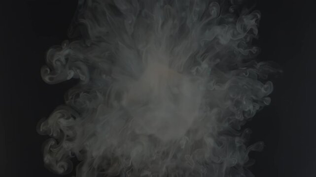 Colorful square shape surrounded by swirling smoke transitions from a defined form to an abstract cloud, showcasing dynamic visual movement against a dark background