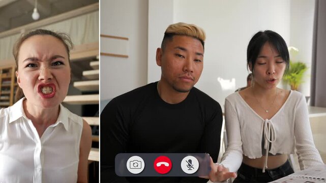 Young multi race people connect on an online call. The faces display anger as they interact. Their expressions reveal conflict in their conversation.
