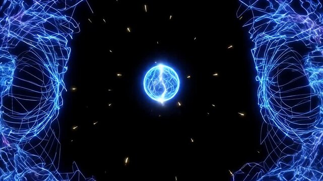 Electric Energy Sphere - A mesmerizing visual of an electric energy sphere at the center, surrounded by vibrant blue lightning patterns radiating outward.