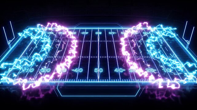 Neon Lit Football Field - This digital illustration features a glowing football field designed with vibrant neon blue and pink electric patterns.