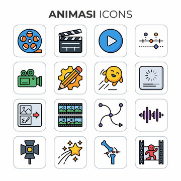 Colorful Animation and Video Production Line Icon Set