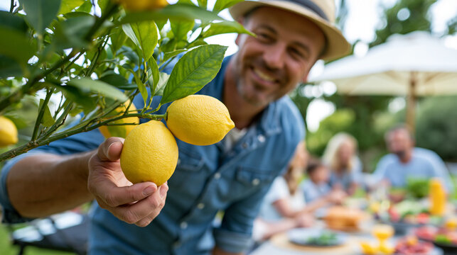 Man harvesting lemons from a patio lemon tree beside an outdoor family dining scene, summer garden meal gathering concept, defocused background, with copy space