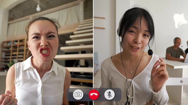 Young people in different places show their emotions while talking online. Each expresses anger in their own way. Their feelings are clear through their faces.