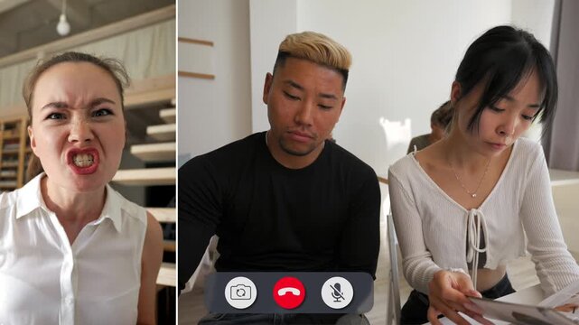 Four young people connect on a split screen. Each person shows their anger. Their reactions differ as they communicate with each other in real time.
