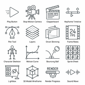 Animation and Motion Graphics Linear Vector Icon Set