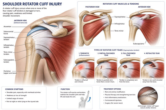 The shoulder rotator cuff injury medical illustration shows anatomy and tears.