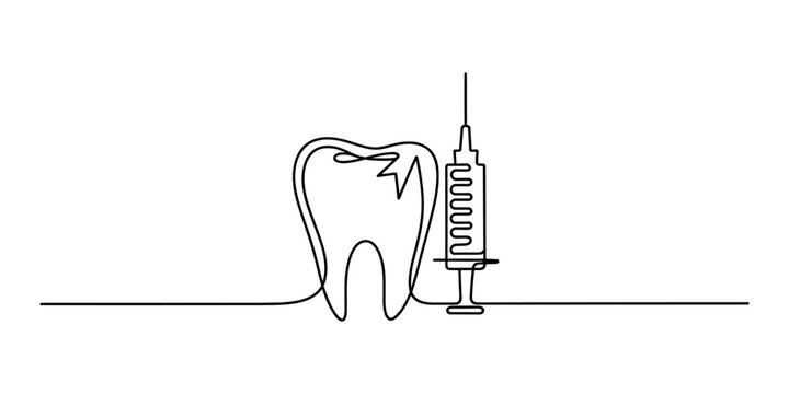 Continuous single line drawing of a tooth and a medical syringe for dental anesthesia or pain treatment in a simple minimalist style illustration Vector, illustration