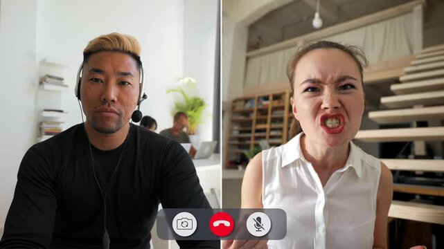 Four young people share a split screen call. Each shows strong emotions of anger. Faces show frustration and tension during their interactions.
