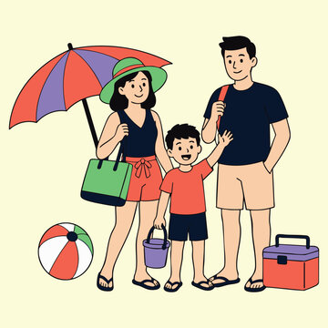 Happy family with child relaxing on summer beach with flat vector illustration of parents and little son with umbrella ball bags standing on ocean coast isolated on white background