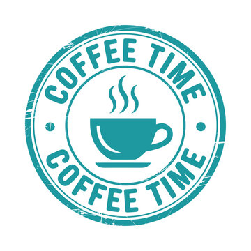 Coffee time emblem with steaming cup teal vector illustration on white background