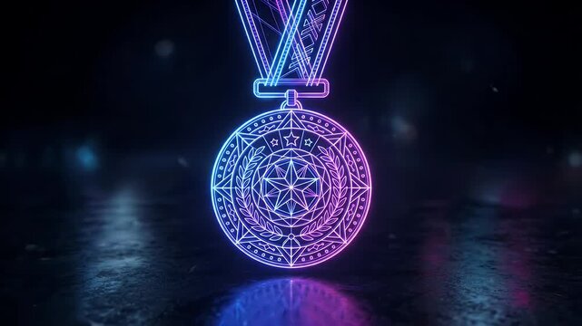 Neon Medal with Ribbon - This video features a glowing neon medal, intricately designed with geometric patterns and surrounded by laurel leaves.