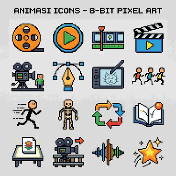 Animation and Film Production Icons in 8-Bit Pixel Art