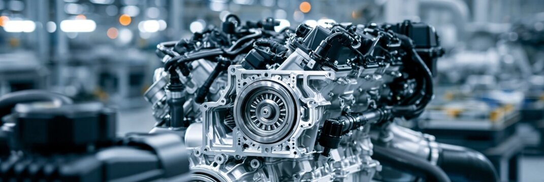 Medium shot of a reinforced crankcase engine module highlighting durability and strength for hybridready gasoline systems in industrial settings.
