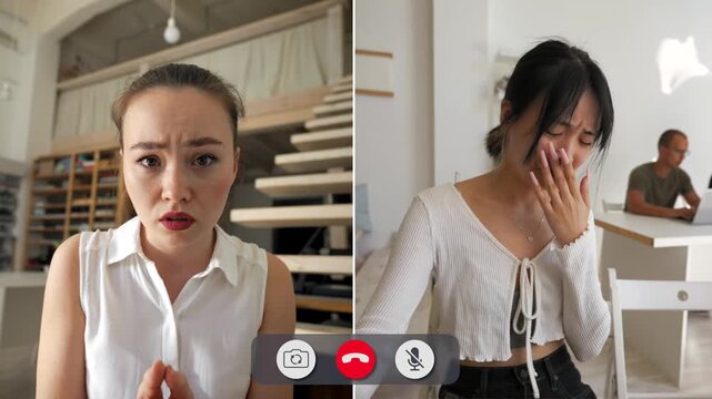 Young people share different emotions on a split screen during an online call. Some are happy while others show sadness or concern. They connect despite distance.