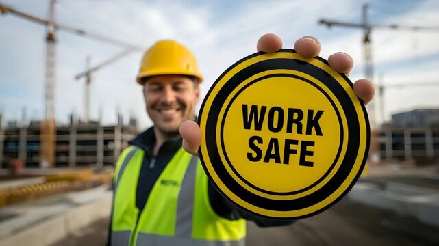 A construction worker holds a sign that says Work Safe at a construction site for the concept of safety and industry.