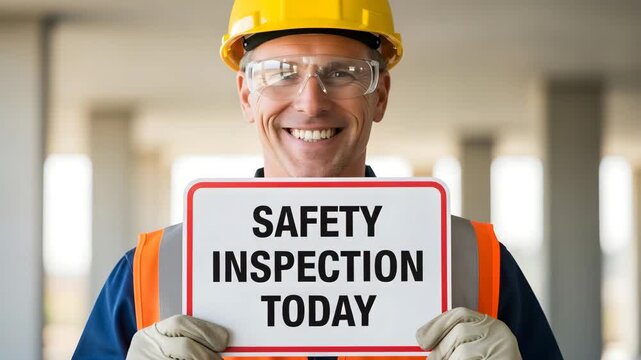 Construction worker holding a Safety Inspection Today sign for the concept of construction safety and workplace inspection.