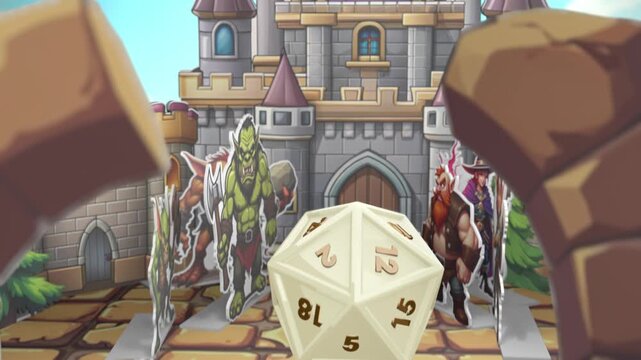 A DnD style intro with a stylized game board. A d20 cube rolls out onto the square and the number 16 appears.
