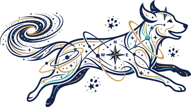 Stylized dog illustration with celestial elements and swirling galaxy design on a white background