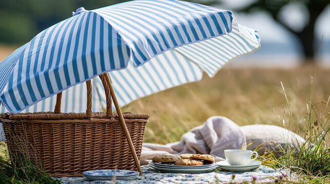 Vintage-style outdoor picnic with a retro striped umbrella, wicker hamper and china plates on a meadow, nostalgic leisure lifestyle concept, defocused background, with copy space