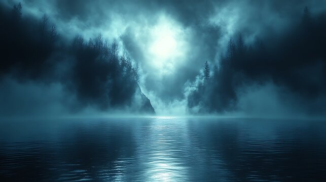 Misty night lake landscape