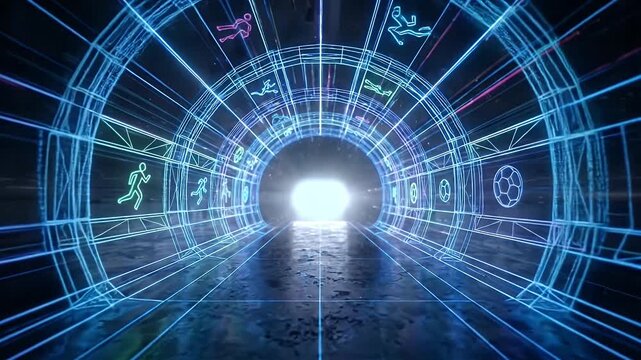Futuristic Sports Tunnel - This video depicts a vibrant, futuristic tunnel illuminated with neon outlines of various sports icons.