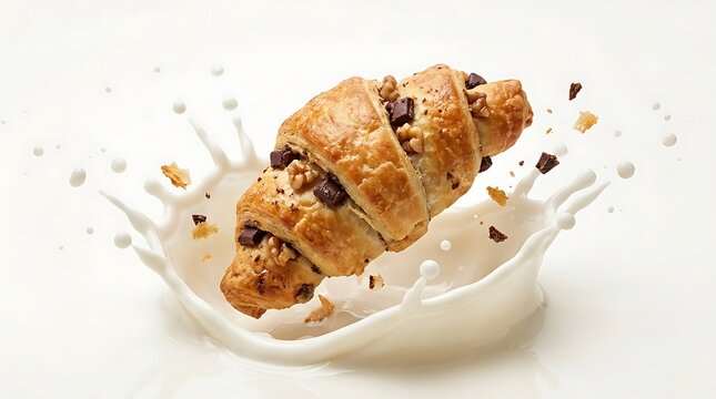 Delicious chocolate chip cookie splashing in milk