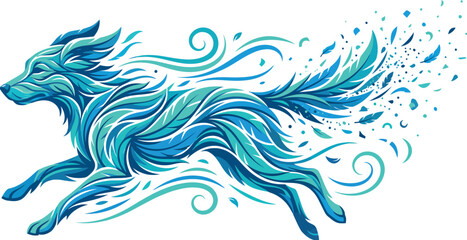Fototapeta premium Dynamic teal and blue dog illustration flowing lines and abstract shapes vibrant vector clip art on white background