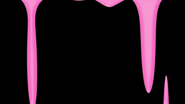 Pink liquid drips down, melting ice cream, dripping paint isolated on black background.