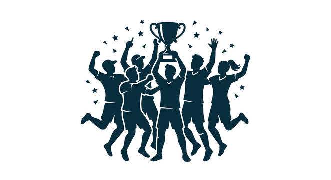 Team Celebrating With Trophy Black Silhouette On White Background