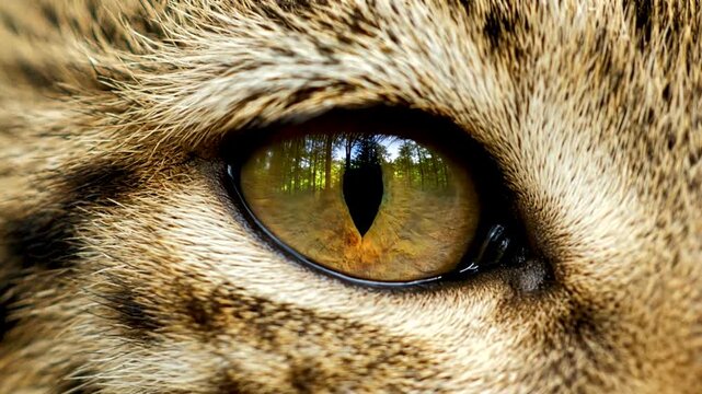 Close-up of a wild cats eye, showcasing its intricate patterns and reflective surface, a captivating glimpse into the animals intense gaze and natural beauty.