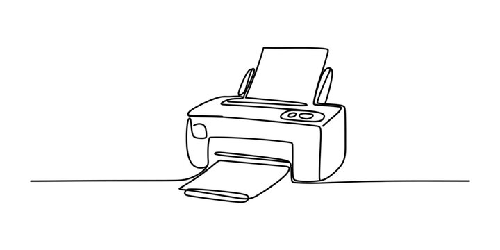 Continuous single line drawing of an office printer machine with paper document coming out for business document printing concept in minimalist style Vector, illustration