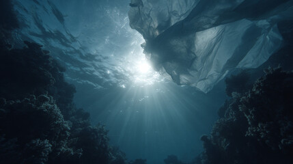 Obraz premium Plastic Bag Floating Underwater Above Coral Reef