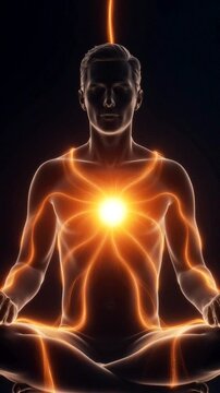 Meditating figure with glowing energy radiating from the chest in a serene, spiritual atmosphere.